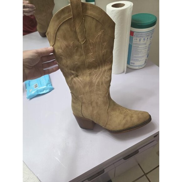 🆕Women Camel Faux Leather Western Cowgirl Chunky Heel Mid Calf Snip Toe Boots - Picture 2 of 10